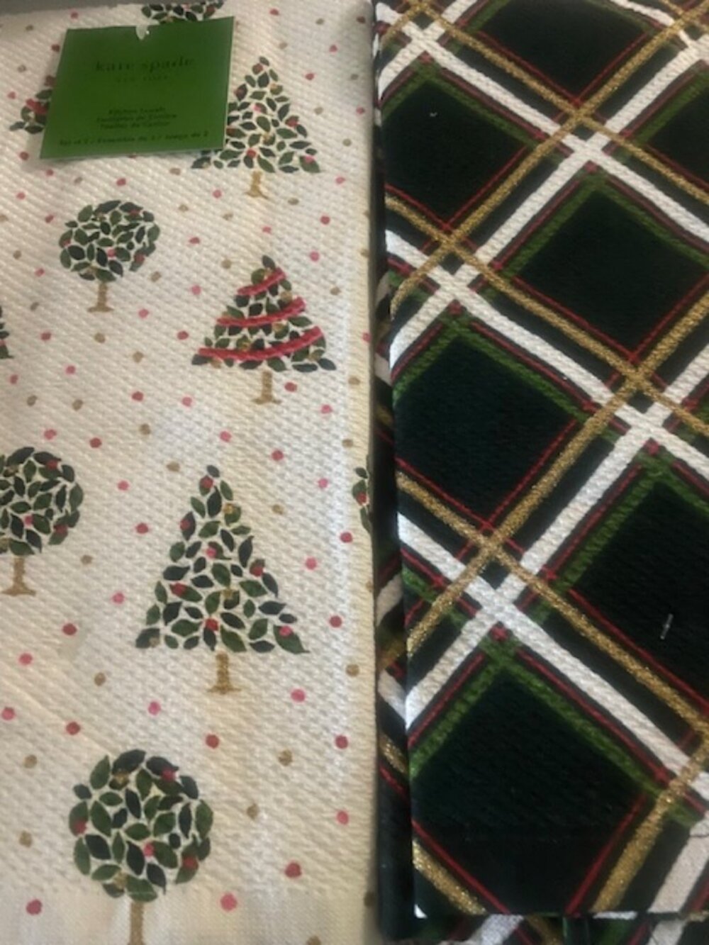 NWT Kate Spade 4-Piece Kitchen Towels Set - Holiday - Trees & Plaid